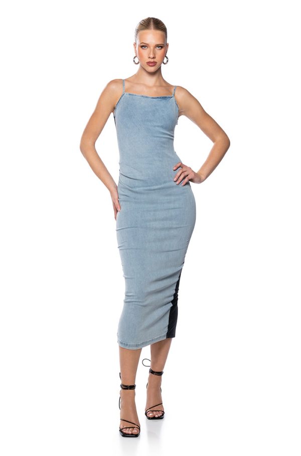 UP TO NO GOOD SLEEVELESS DENIM FAUX LEATHER MIDI DRESS Supply