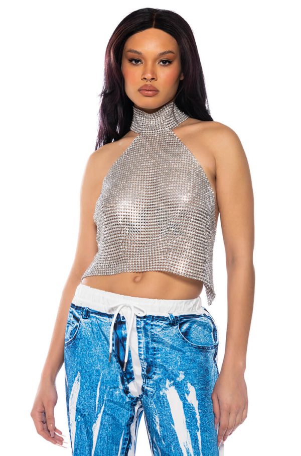 ABOVE ALL RHINESTONE HALTER TOP Supply