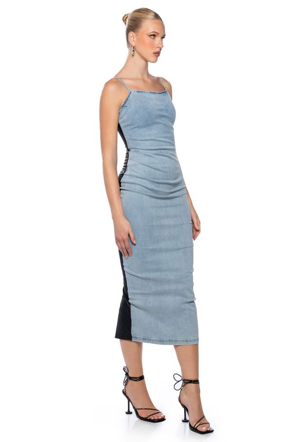 UP TO NO GOOD SLEEVELESS DENIM FAUX LEATHER MIDI DRESS Supply