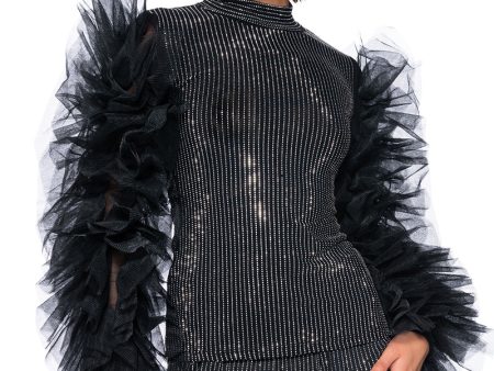 AFTER HOURS RHINESTONE EMBELLISHED TULLE SLEEVE TOP IN BLACK For Sale